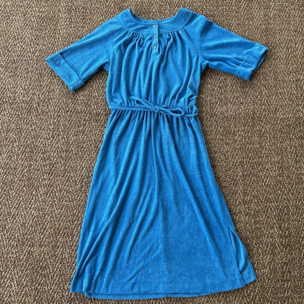 Vintage Blue Terry Cloth Dress Retro Towel Dress Size S/M 70s 80s Beach Style
